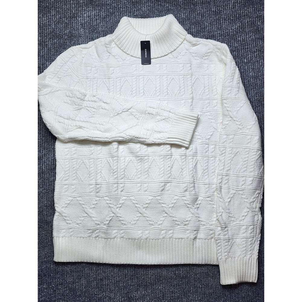 Express Mens XL Cable Knit Turtleneck Sweater Cream White Cotton Blend Pullover